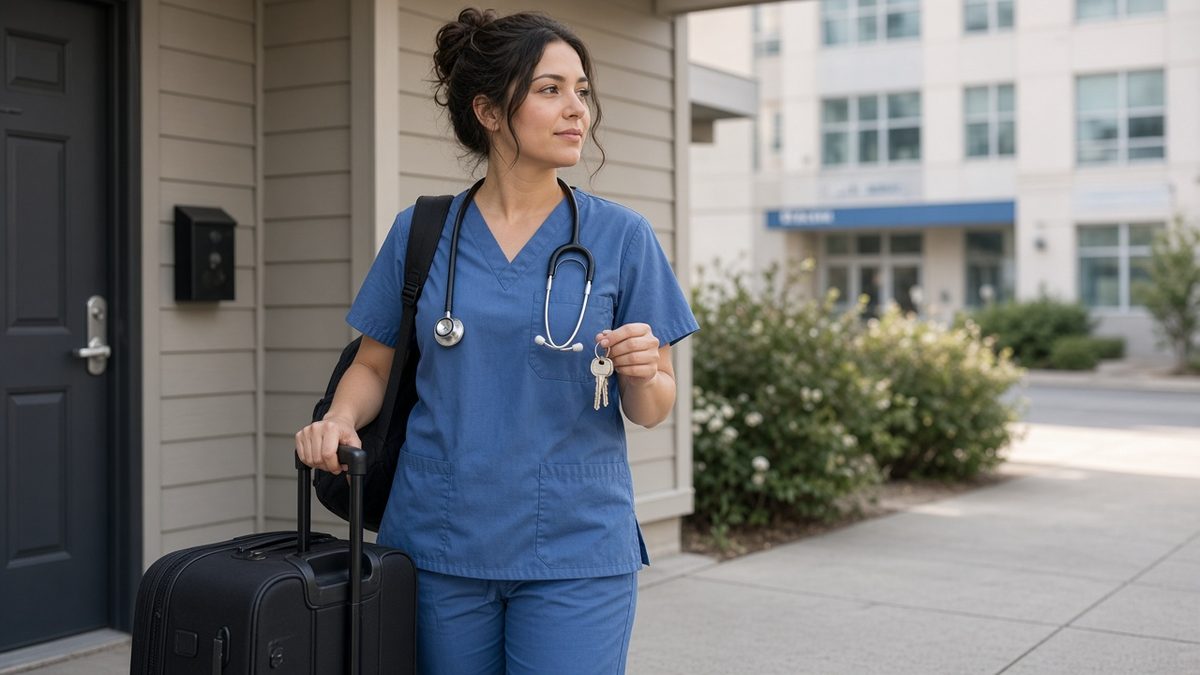 Traveling nurse in scrubs walking outside with a suitcase and laptop bag