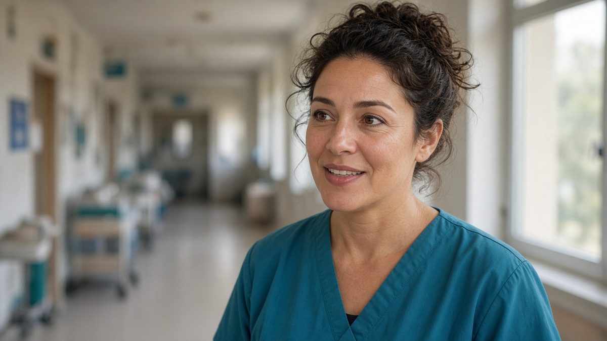 Smiling nurse in teal scrubs in a hospital hallway